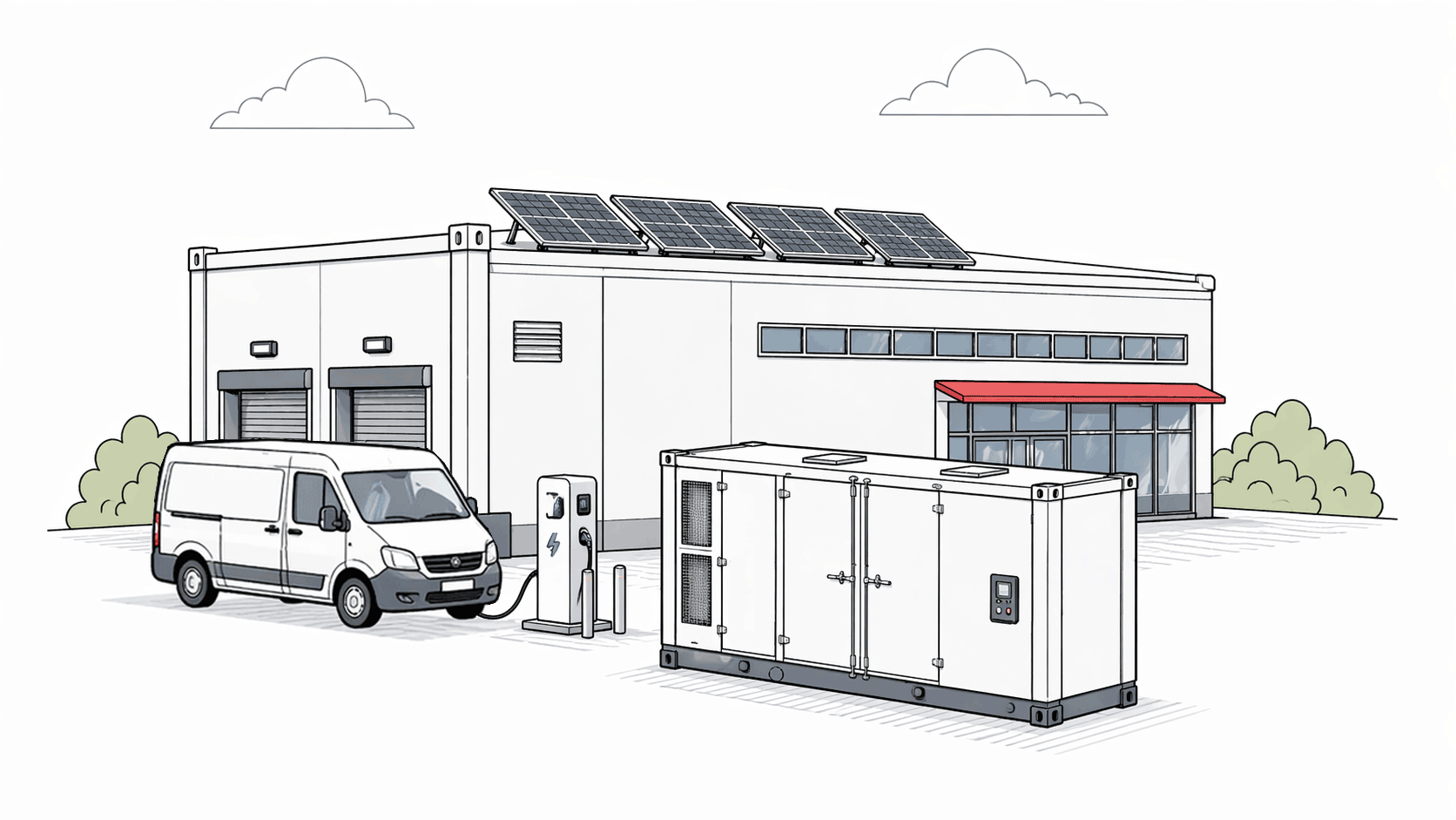 Gewerblicher Batteriespeicher für Industrie, Gewerbe und Landwirtschaft — Illustration
