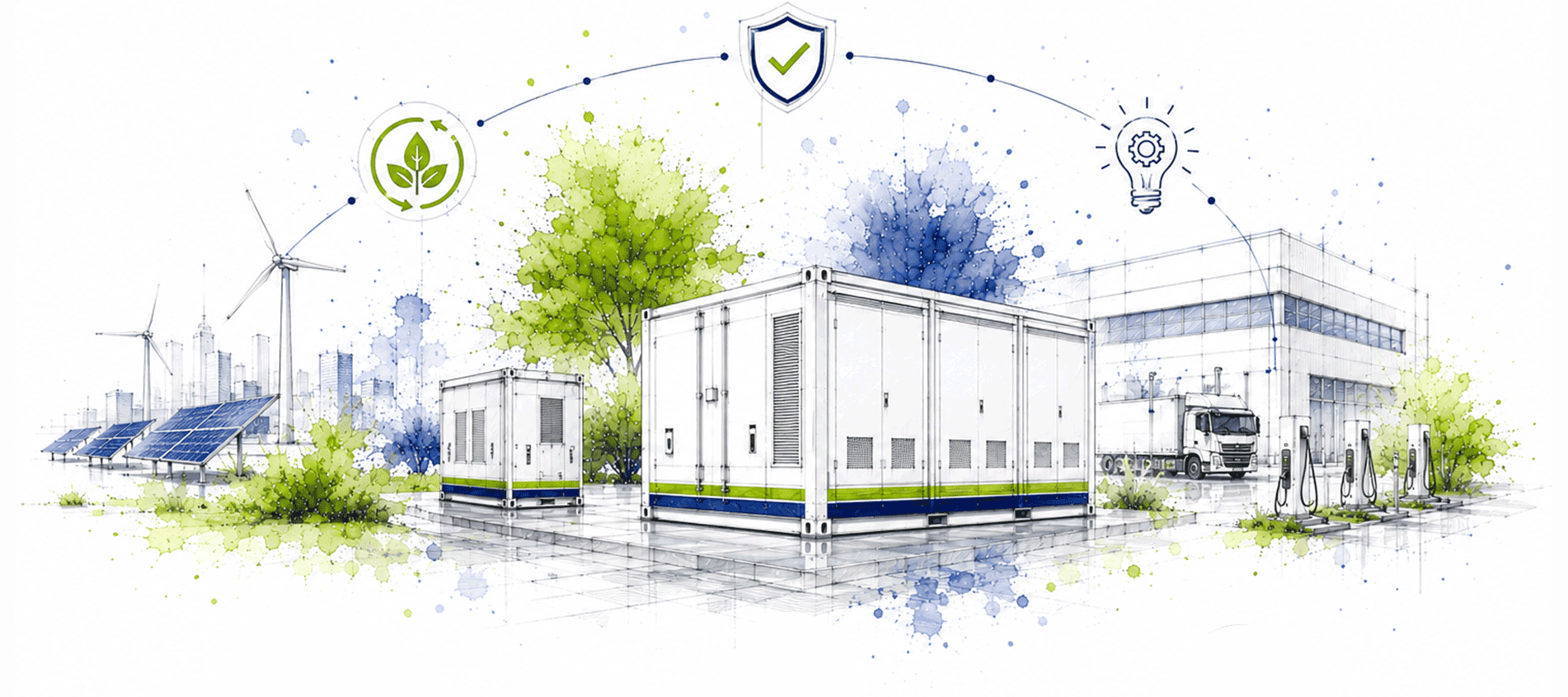 Schlüsselfertige Batteriespeicher-Anlage (BESS) mit Containersystemen — Illustration